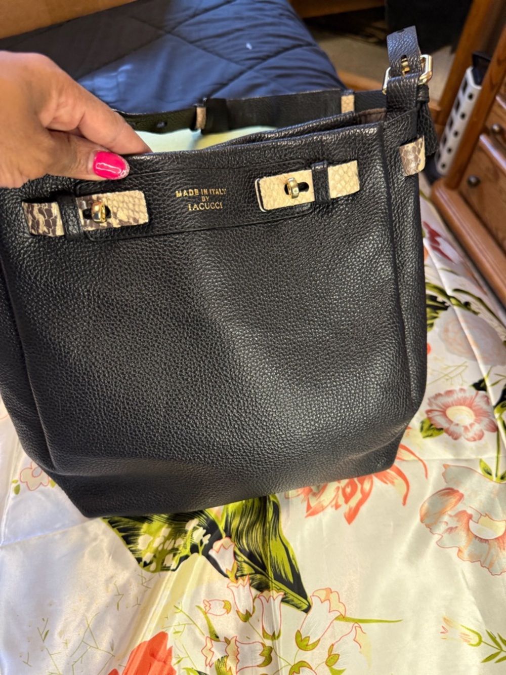 Black Leather Shoulder Bag with Snake-Trim Accent